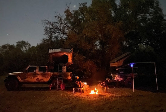 Night time camping overlanding campfire fun with Hawkes Outdoors in Texas